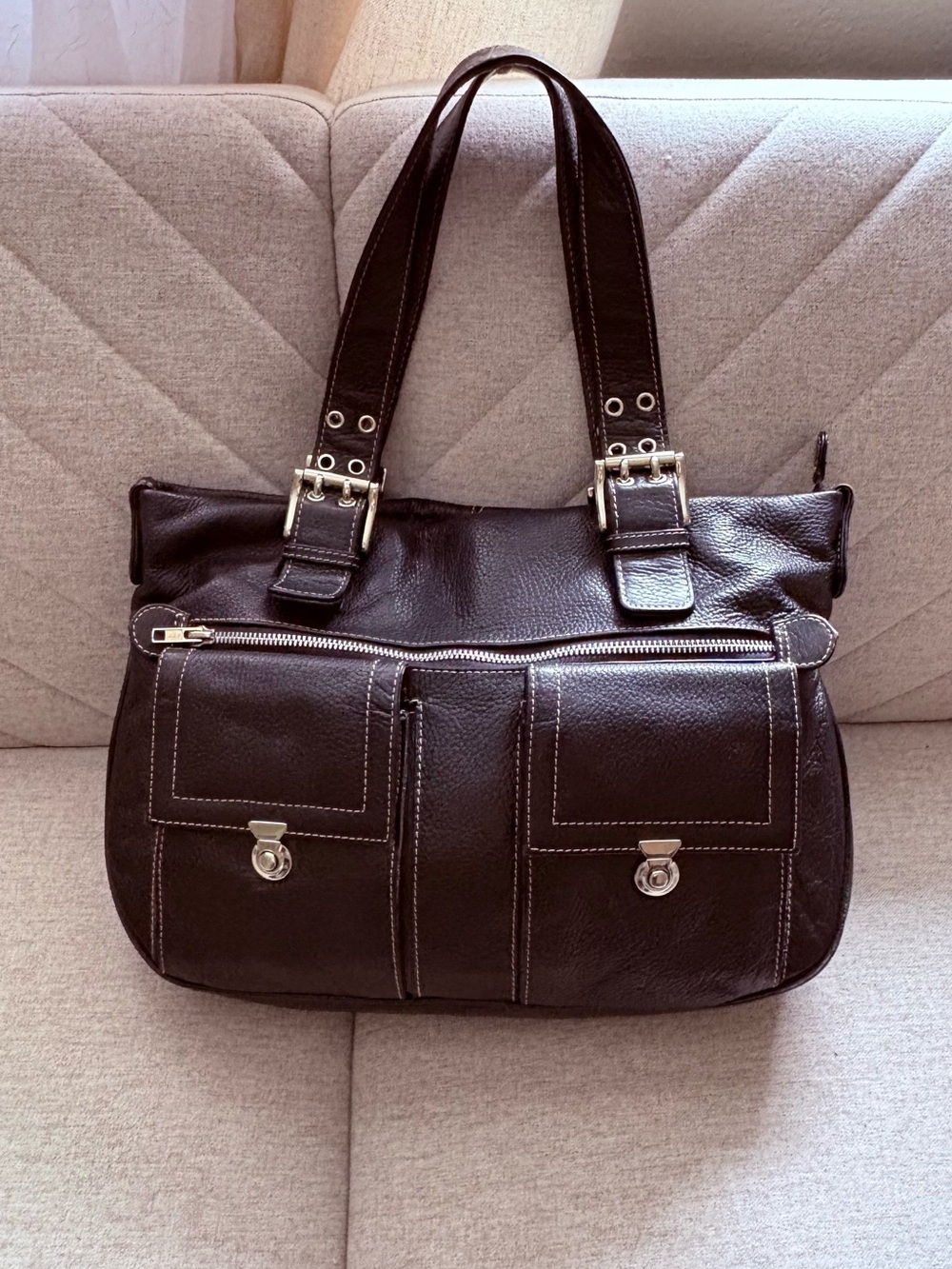 Michael Rome Black Leather Shoulder Bag with Front Pockets